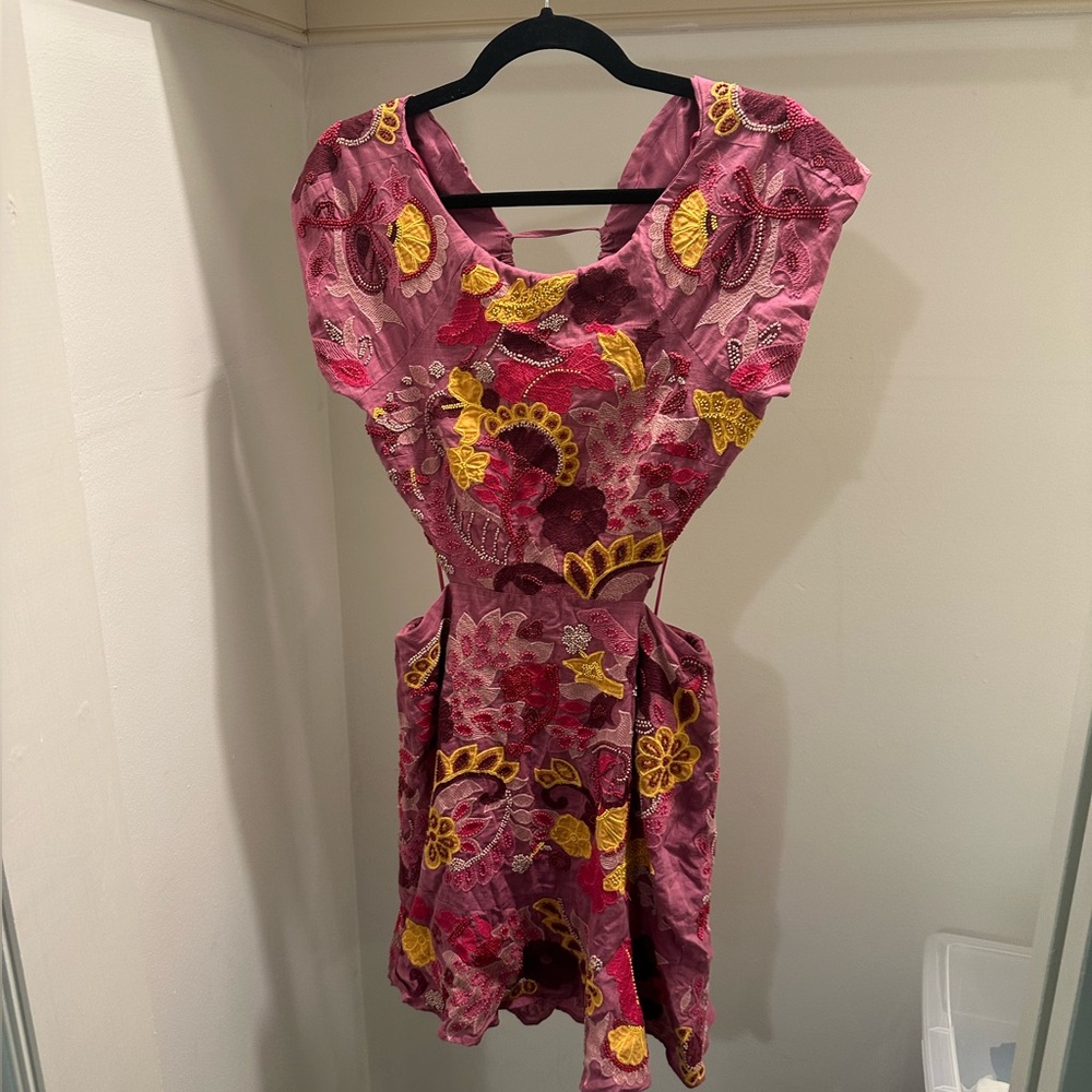 Anthropologie Maeve Beaded Lace Up Back Mini Dress 4